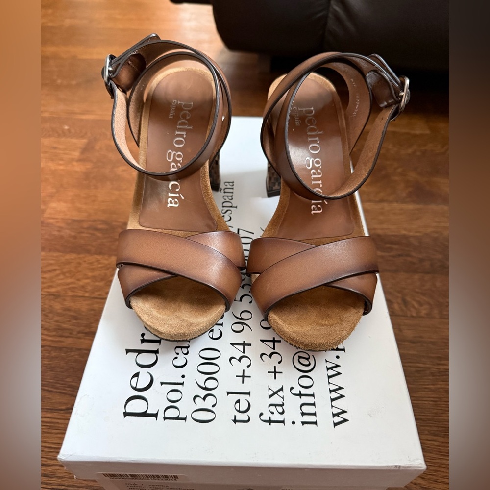 Pedro Garcia Yemba Cigar Vacchetta Leather Wrap Ankle Strap Heel Sandals